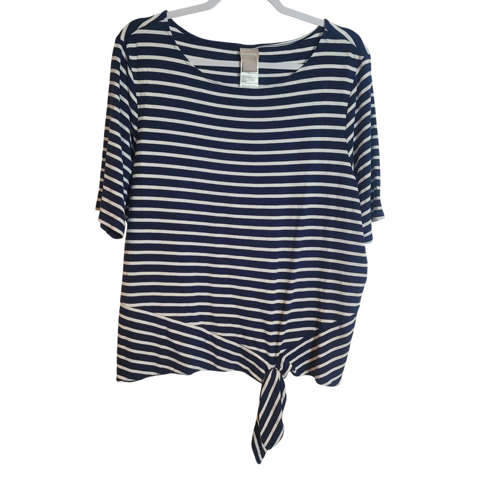 Chico's Navy White Striped Side Tie Knot Top Short Sleeve Women Size XL Nautical